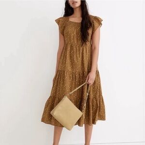 Madewell Weathered Olive Ruffle-Sleeve Tiered Midi Dress in Daisy Stitch NWT